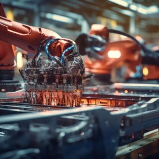 روبوت صناعي أحمر اللون يعمل ضمن خط الإنتاج في المعمل