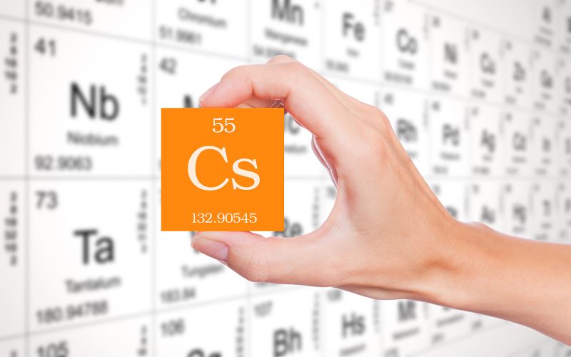 يد شخص تحمل بطاقة برتقالية اللون مكتوب عليها بالإنكليزية رمز Cs ورقم 55 وخلف البطاقة الجدول الدوري للعناصر الكيميائية