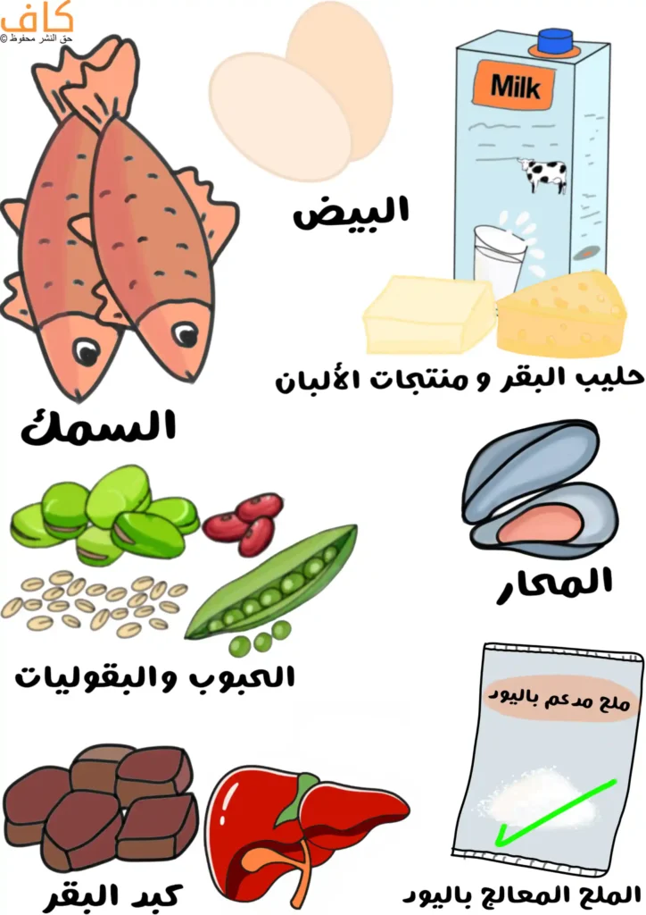 رسم توضيحي يَعرض مصادر غذائية لليود، تشمل أسماكًا، وبيضًا، وحليب البقر ومنتجات الألبان، ومحارًا، وبقوليات وحبوبًا، وكبد البقر، وكيس ملح مُدعّم باليود، ويُعبّر عن الطرق الغذائية للحصول على اليود.